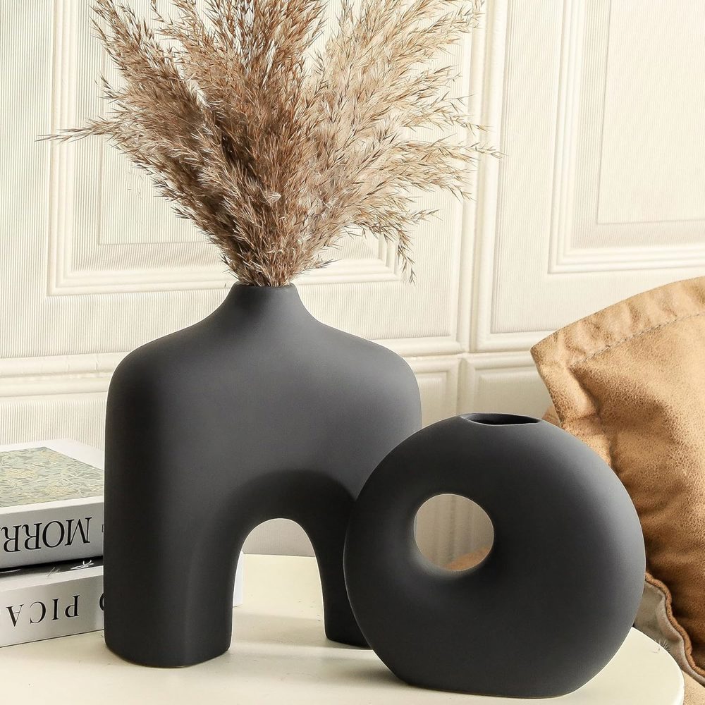 Modern Donut Ceramic Vase Set – Matte Black Minimalist Decor