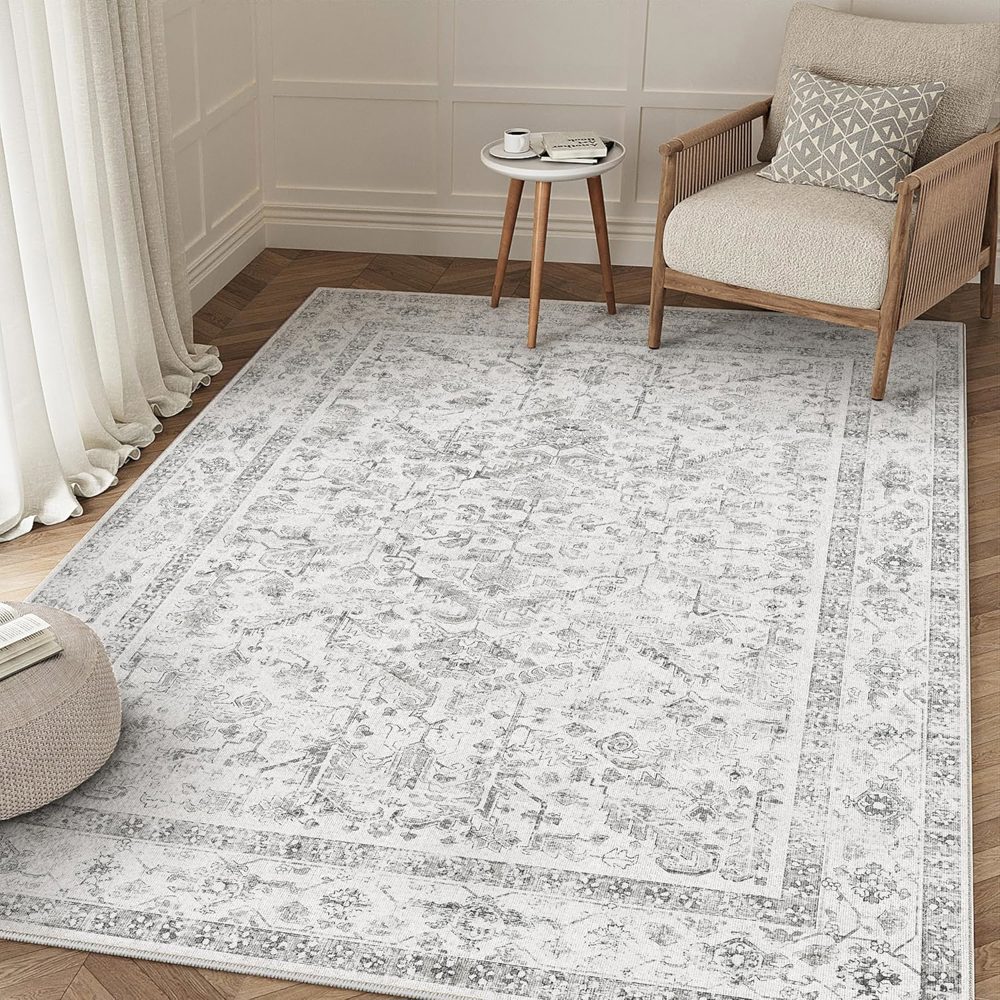 PureCozy 4x6 Indoor Washable Area Rug – Vintage Grey Low‑Pile Rug