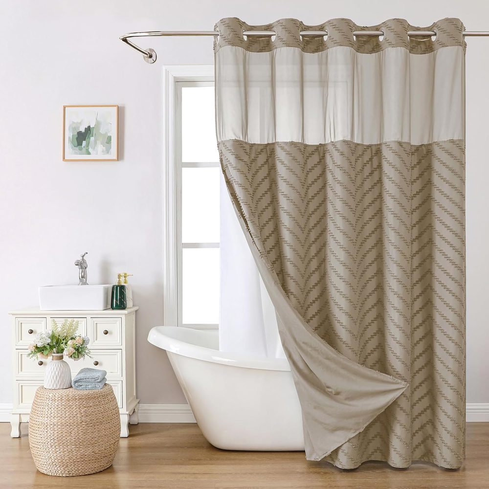 No-Hook Boho Shower Curtain with Snap-In Liner – 71"x86"