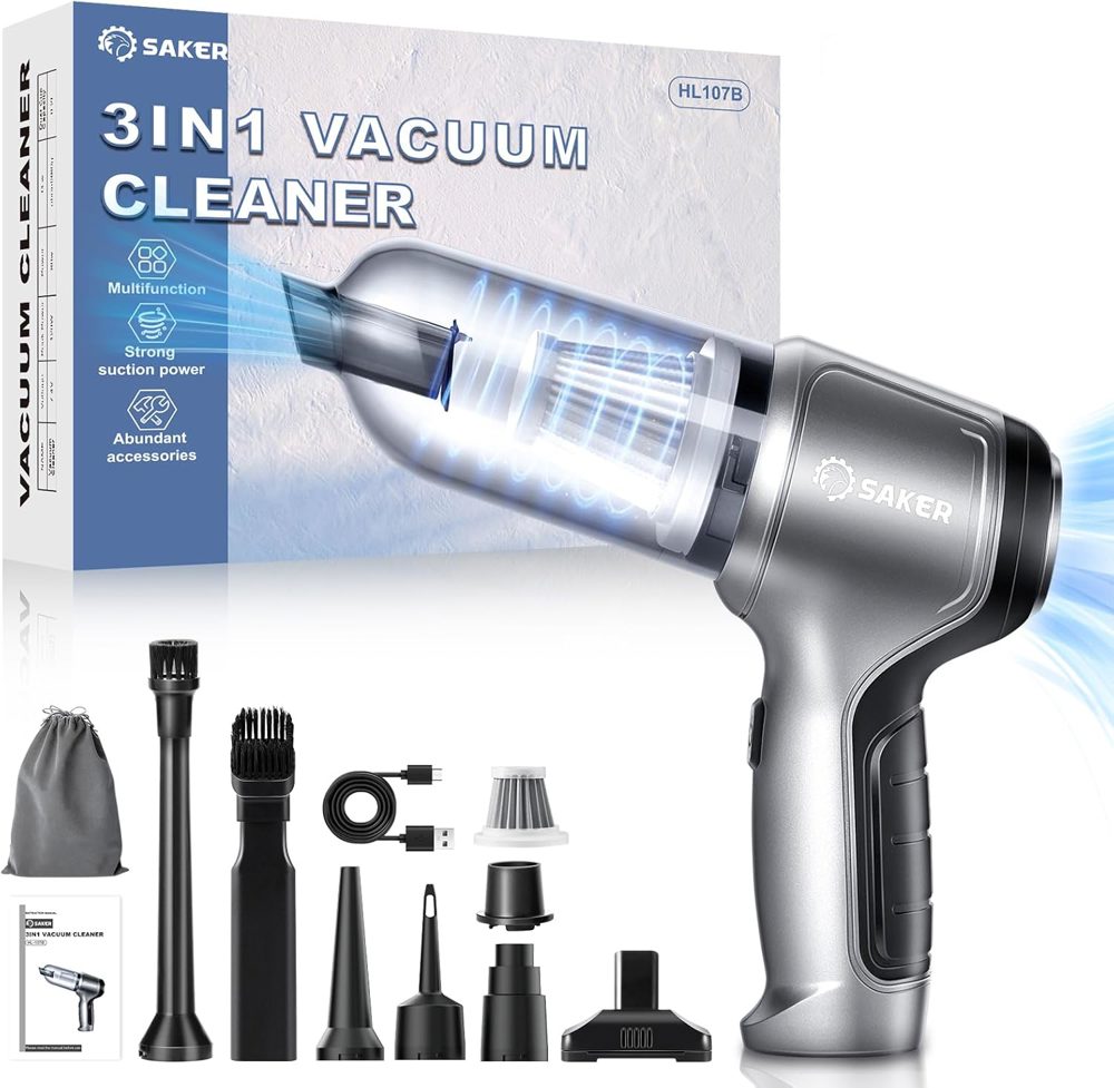 Saker 3‑in‑1 Cordless Car Vacuum with 15,000Pa Suction and Brushless Motor