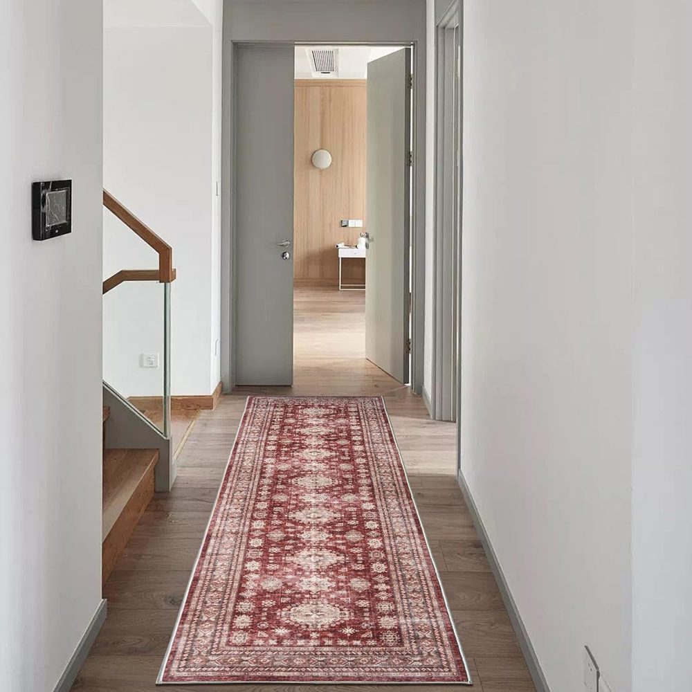 2x8 Vintage Boho Runner Rug – Washable & Non-Slip (Burgundy)