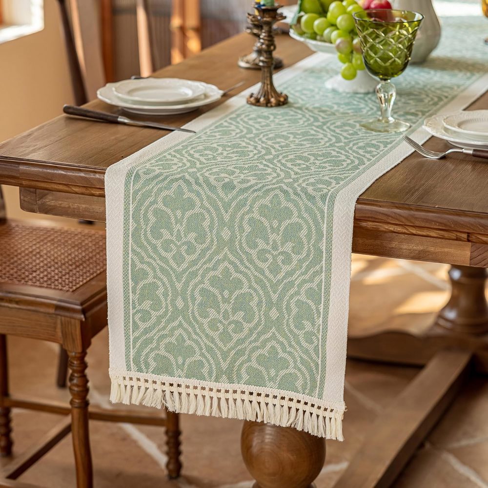 Boho Waterproof Table Runner 48” with Tassel Fringe