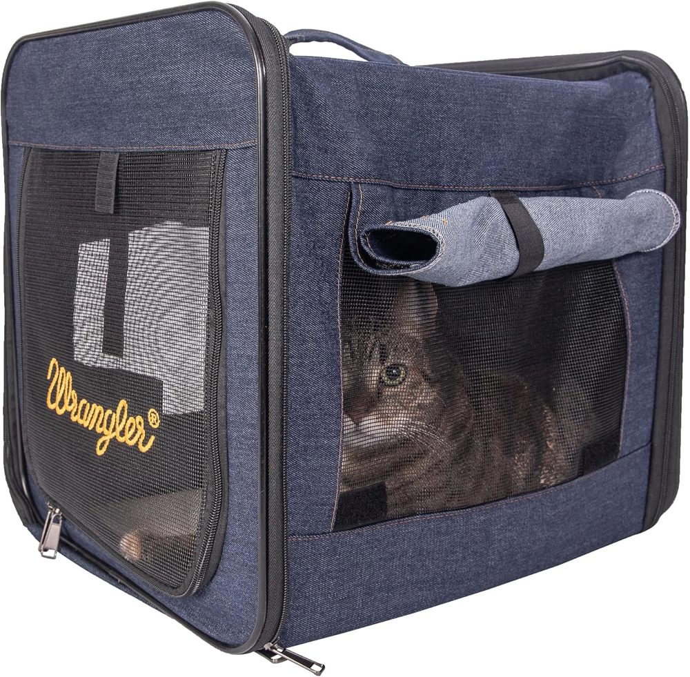 Wrangler Rope Denim Collapsible Dog Crate with Sherpa Base