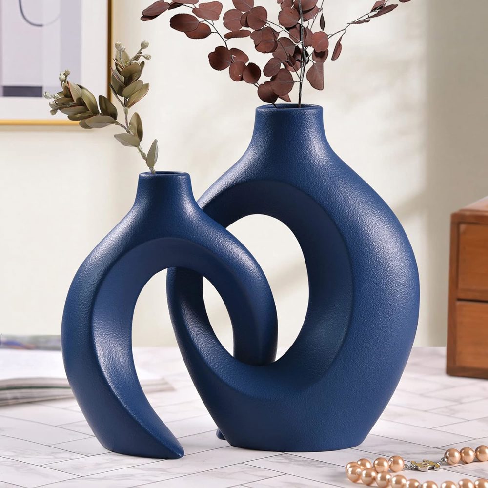 Blue Matte Ceramic Vase Set – Modern Decorative Duo