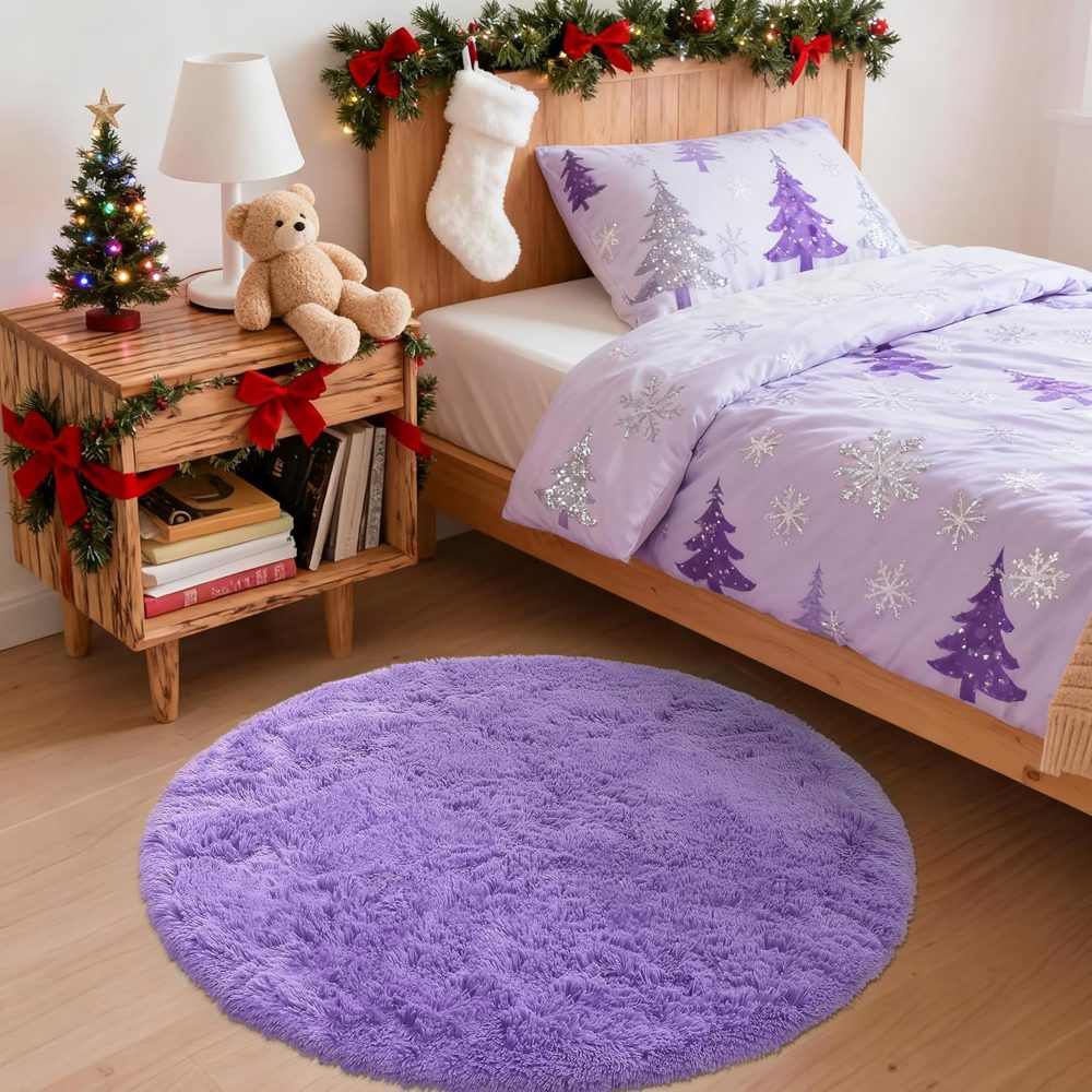 OLANLY Soft Round Shaggy Rug – 3ft Washable Purple Accent
