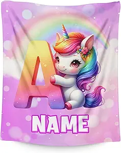 Personalized Unicorn Flannel Blanket for Kids with Custom Name Printed Pattern