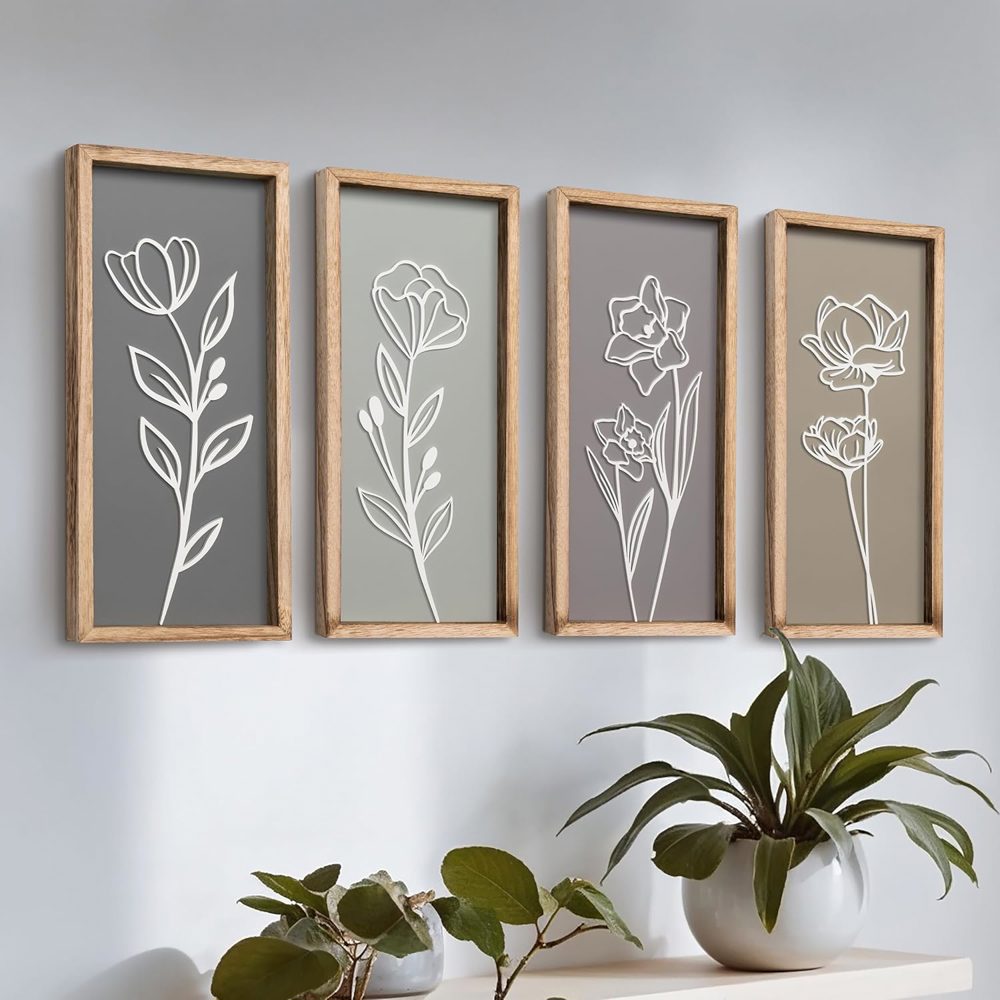 3D Wooden Floral Wall Art Set of 4 – Lightweight Boho Decor