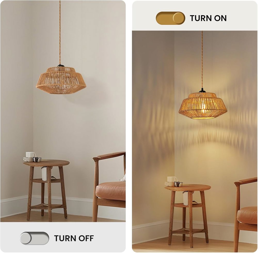 Boho Rattan Plug-In Pendant Light with Woven Lampshade