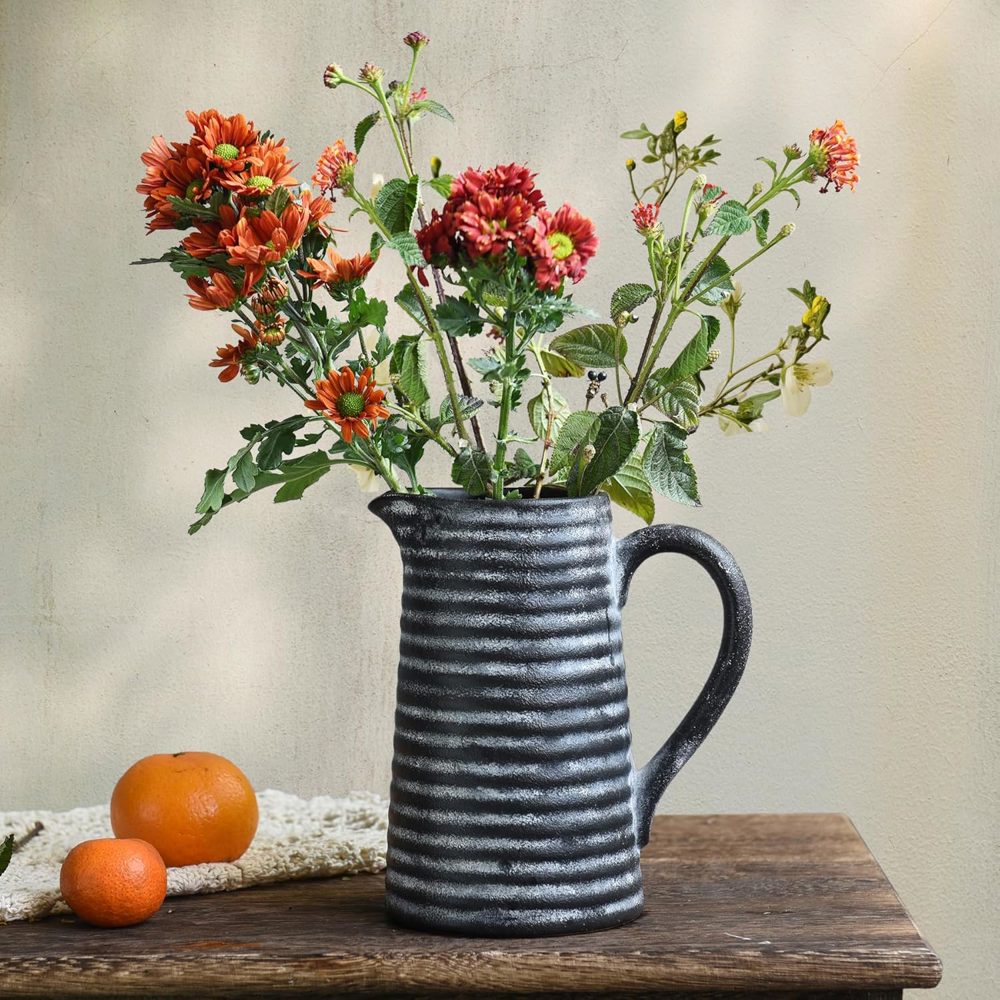 Quoowiit Black Rustic Ceramic Vase with Handle – Farmhouse Pitcher Style