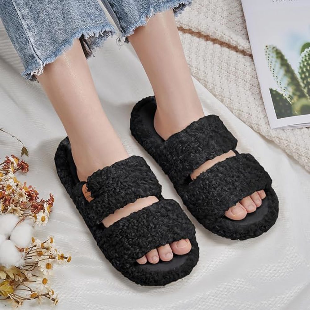 ATHMILE Women’s Fuzzy Slippers with Arch Support and Double Strap
